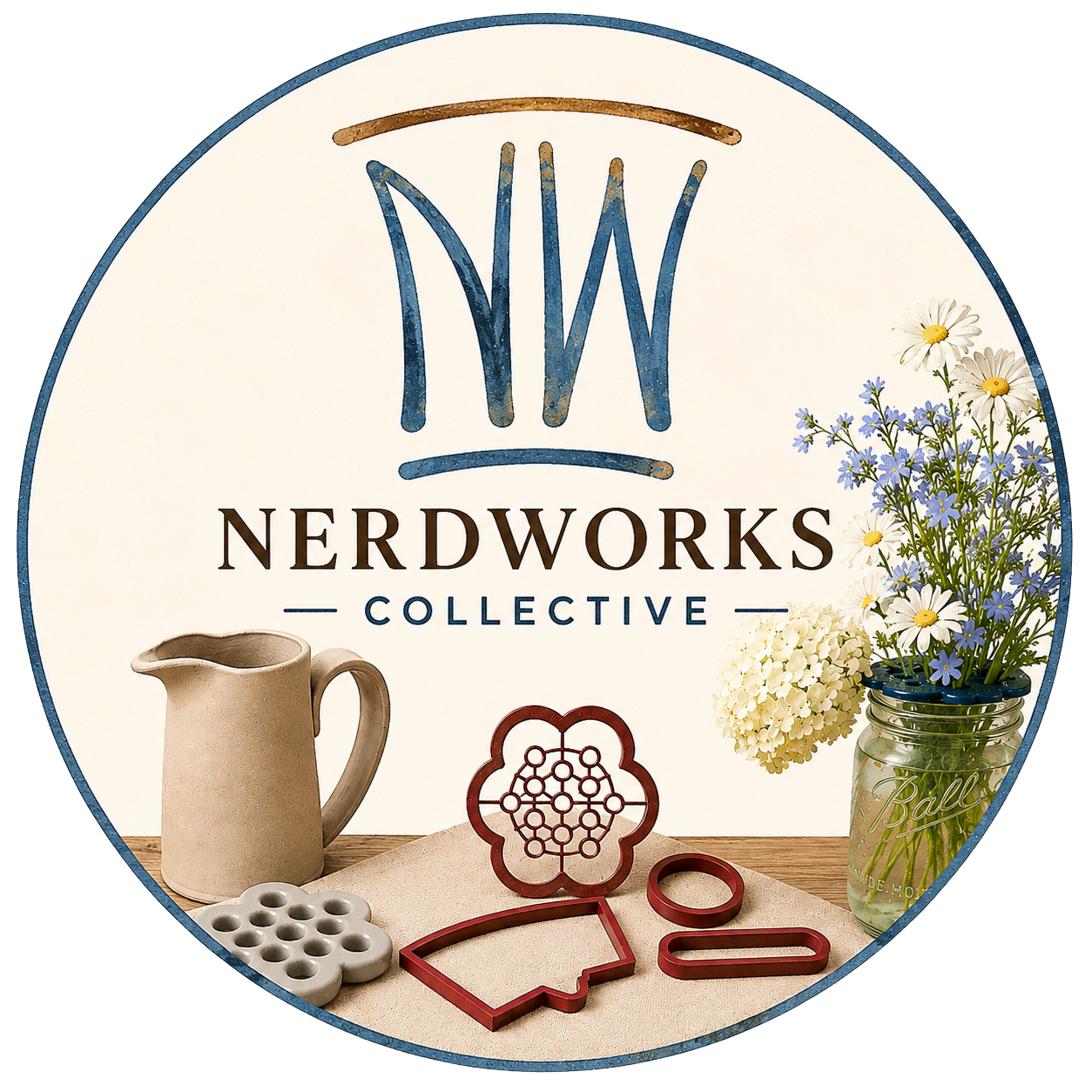 Round Nerdworks Collective badge with pottery tools and flowers