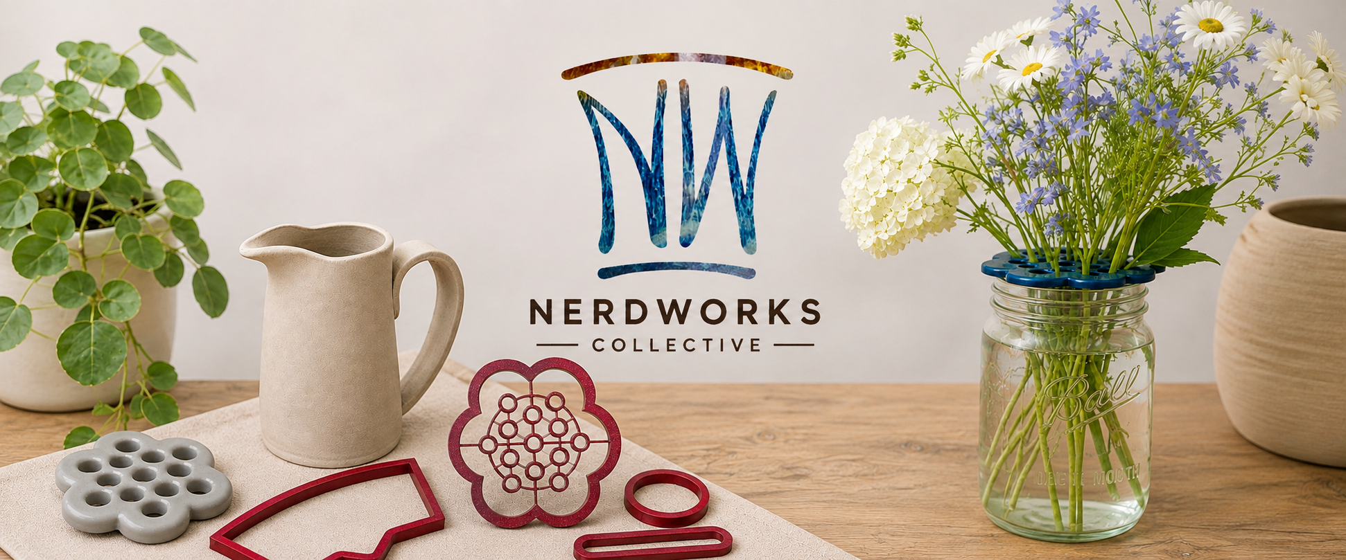 Nerdworks Collective banner with handmade pottery, 3D printed clay cutters, flowers, and studio tools